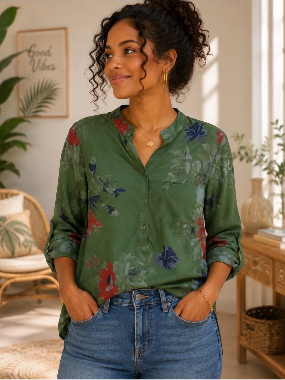Floral Print Split-Neck Blouse - Green